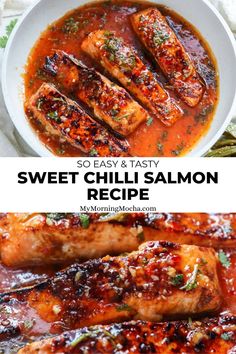 two different images with the words sweet chili salmon recipe on top and in between them