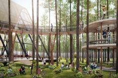 an artist's rendering of the inside of a tree - lined area with people sitting and standing