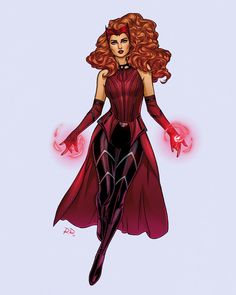 a drawing of a woman with red hair wearing a costume and holding her hands out