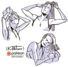 three different poses of a woman with her hands on her head and arms behind her back