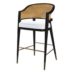 an upholstered bar stool with a white cushion on the seat and backrest