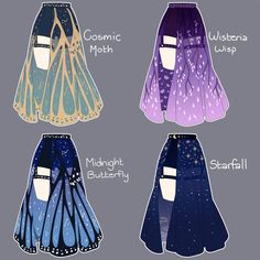 four different colored skirts with the words cosmic math written on one side, midnight butterfly, and starfall