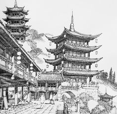 Japanese Architecture Drawings, Town Drawing, China Architecture, City Sketch, Japanese Castle, Japan Landscape, Pen Art Drawings, City Drawing