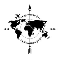 a black and white world map with arrows