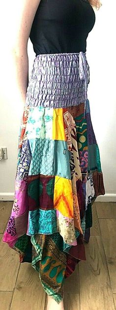 Festival Stall LTD Boho festival Clothing Festival Boho Hippie pixie gypsy Patchwork long Skirt summer sun dress ONE SIZE Silk Patchwork, Summer Sun Dress, Long Skirt Summer, Summer Sundresses, Fairy Skirt, Patchwork Skirt, Skirt Summer, Sari Silk, Kimono Dress