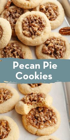 Pecan Pie Thumbprint Cookies Recipe, Buttery Pecan Shortbread Cookies, Pecan Pie Sugar Cookies, Easy Pecan Pie Cookies, Pecan Pie Cookie Bars, Thanksgiving Shortbread Cookies, Sugar Cookie Mini Pies, Pecan Cookies Christmas, Pecan Pie Shortbread Cookies