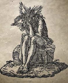 a drawing of a woman sitting on top of a rock with flowers in her hair