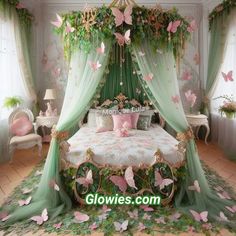 a bedroom decorated in pink and green with butterflies on the bed, curtains, and canopy