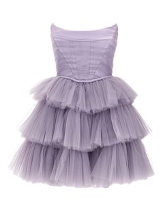 Expertly crafted with high-quality tulle material, this strapless A-line dress features a corset bodice for a flattering fit and an above-knee length for a touch of elegance. The built-in bra provides added support while the zip-up back ensures a secure hold. Available in a striking purple color, this dress is perfect Italian Women Style, Squared Neckline, Tulle Material, Purple Mini Dresses, Dress Purple, Mini Dresses, Tulle Dress, Purple Dress, A Line Dress