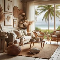 a living room filled with lots of furniture next to a large open window covered in palm trees