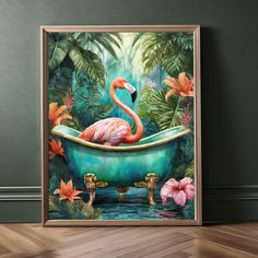 a painting of a pink flamingo in a green bathtub with tropical flowers on the floor