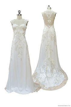 two wedding dresses on mannequins with white background