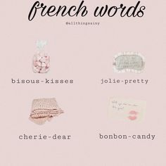 the french words are displayed in different styles and colors, including bows, kisses, jolie - pretty, cherie - dear, bonbonon - candy