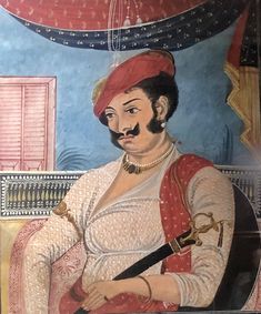 a painting of a man with a mustache and moustache on his face sitting in a chair