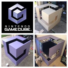 three different pictures of an entertainment center made out of cardboard boxes, with the words nintendo gamecube printed on it