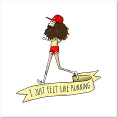 a drawing of a woman with a baseball cap and red shorts, walking on a yellow ribbon that says i just felt like running