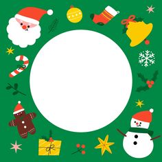 a green christmas card with santa claus, snowman and other holiday items around it