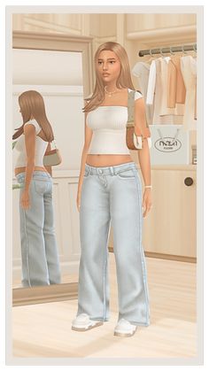 a woman standing in front of a mirror wearing blue jeans and a white crop top