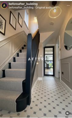 the stairs in this house are painted white and have black trimmings on them