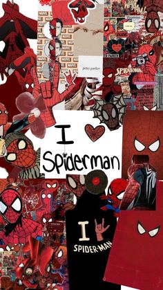 spiderman collage with the words i love spider - man written in black and red