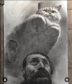 a drawing of a man with a cat on his head