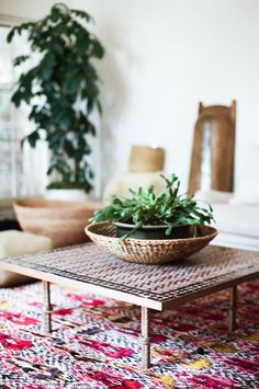 a table with a basket on top of it in front of a potted plant