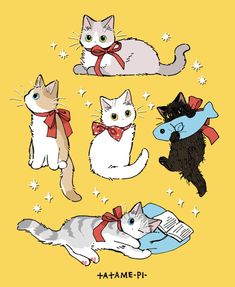 four cats wearing bow ties and sitting on top of each other, with stars in the background