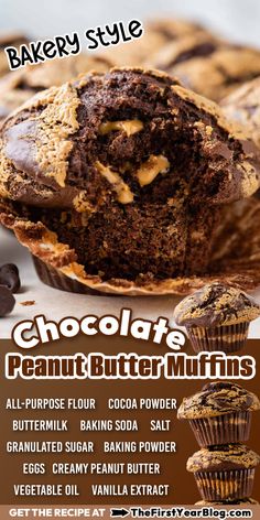 Chocolate Peanut Butter Muffins Pin with text overlay Filled Muffins Recipes, Muffins For Breakfast, Muffins With Self Rising Flour, Peanut Butter Chocolate Muffins, Bakery Style Muffin Recipes, Pb Muffins, Gourmet Muffins Recipes, Quick Muffin Recipes