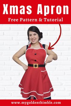 a woman wearing an apron with the text xmas apron free pattern and printable