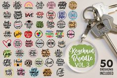 the keychain is sitting next to several different stickers and decal designs