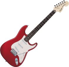 an electric guitar with a red body and neck