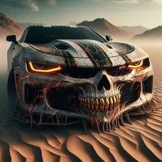 a car that is in the sand with a skull on it's hood and glowing eyes