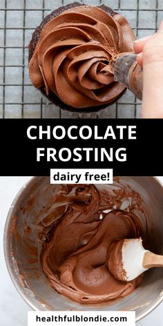 chocolate frosting in a mixing bowl with the words, chocolate frosting dairy free