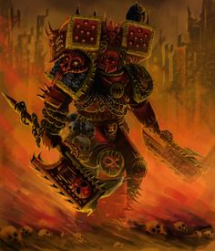 an image of a warhammer in the middle of a fire filled cityscape