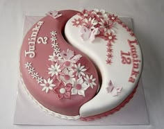 a birthday cake decorated with pink and white flowers