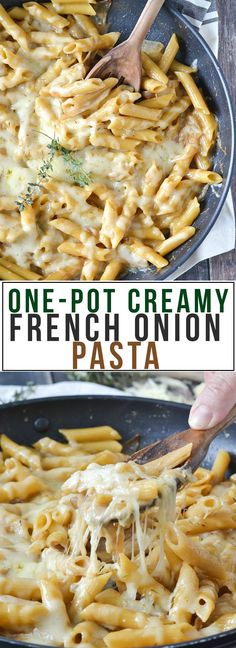 one pot creamy french onion pasta in a skillet