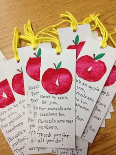 four teacher appreciation cards with red apples on them and the words teachers appreciation written in yellow thread