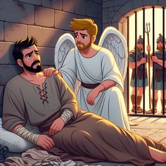 two men sitting on the floor in front of an jail cell, one with angel wings