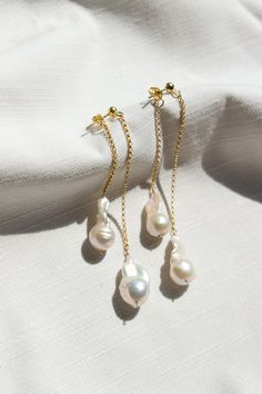 Christine Elizabeth, Simple Bridal Jewelry, Elizabeth Jewelry, Long Pearl Earrings, Minimalist Bride, New York Studio, Freshwater Pearl Jewelry, Jewelry Minimalist, Handcrafted Earrings