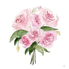 watercolor painting of pink roses with green leaves