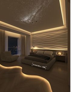 a large bed sitting under a sky filled with stars in a bedroom next to a window