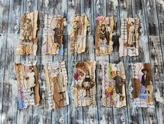 several pieces of paper that have been altered to look like old clothes and teddy bears