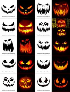 halloween pumpkins with scary faces and eyes in different styles, all on black background