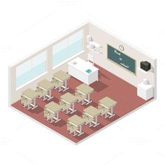 an empty classroom with desks and chairs