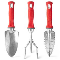 three different types of garden shears with handles and blades on each side, all in red