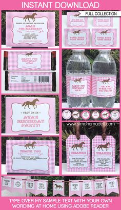 horse themed birthday party with pink gingham and brown horses on the label, water bottle