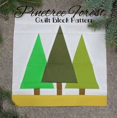 the pine tree forest quilt block pattern is on display next to some evergreen branches and needles