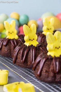 chocolate bundt cakes decorated with yellow peep holes