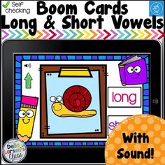 an ipad with the words boom cards long and short voels on it's screen