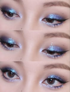 Blue Monolid Makeup, Asian Blue Eye Makeup, Blue Eye Makeup Monolid, Blue Makeup Looks Asian, Blue Makeup Prom Looks, Blue Eyeshadow Asian Eyes, Indigo Makeup Looks, 2000s Makeup Blue Eyeshadow